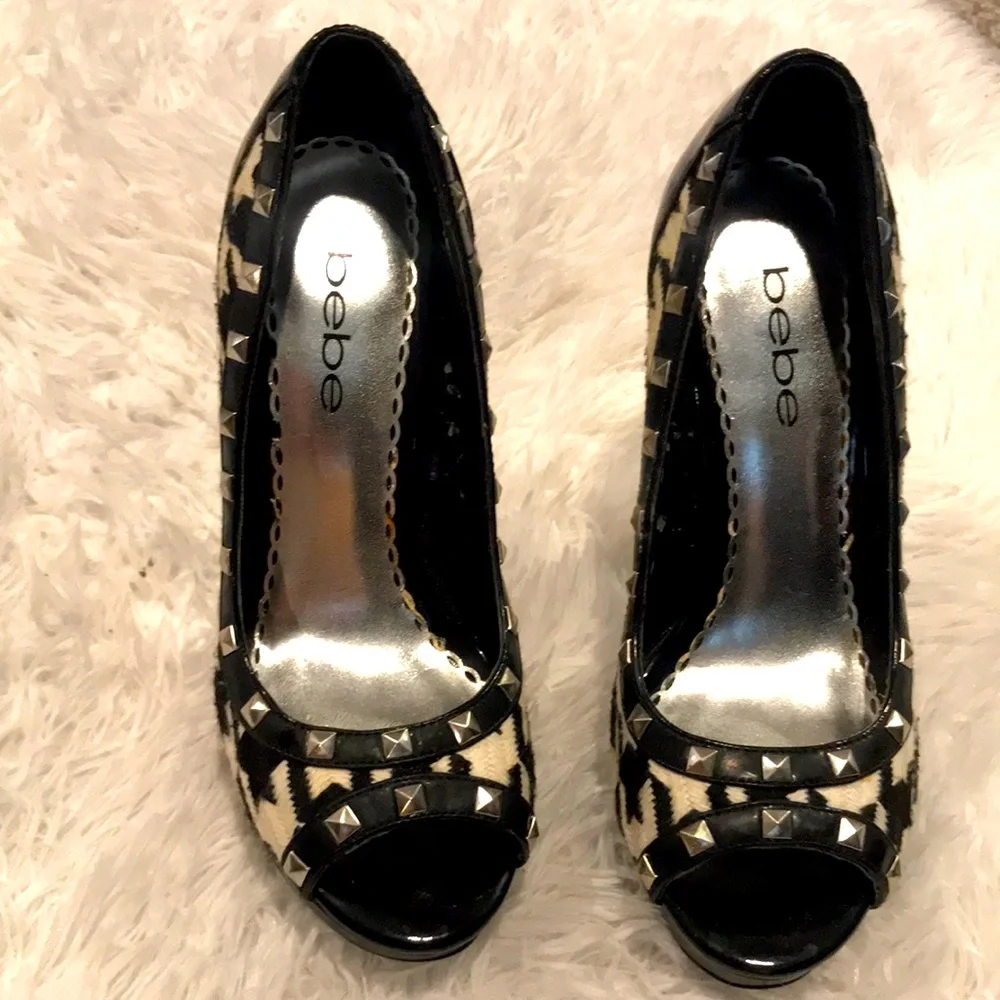 Bebe studded platform houndstooth stilettos
